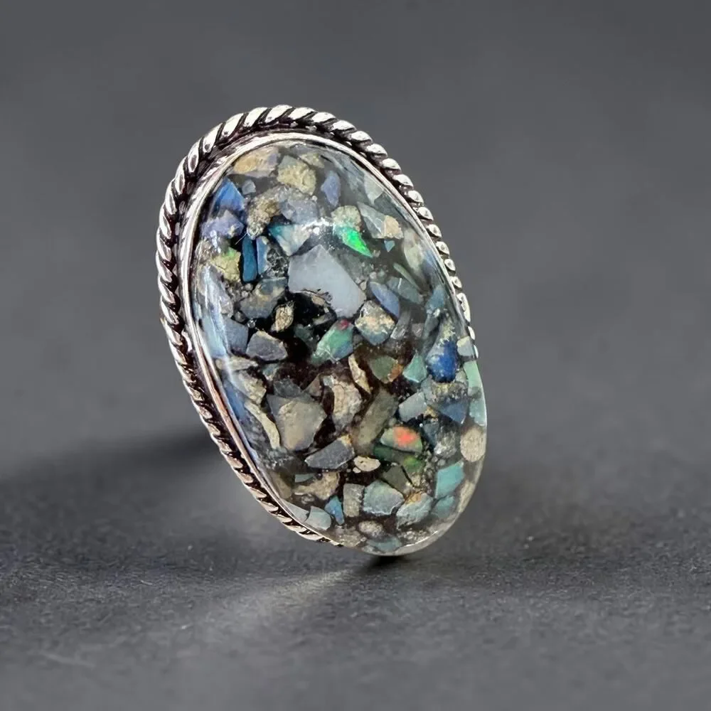 Ethiopian Opal Chip Inlay 925 Silver Plated Ring